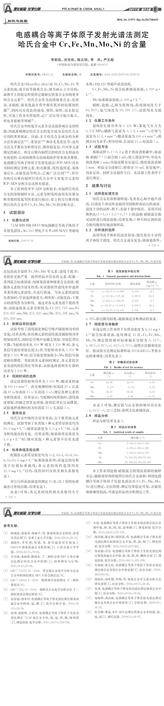 電感耦合等離子體原子發(fā)射光譜法測(cè)定哈氏合金中Cr、Fe、Mn、Mo、Ni的含量