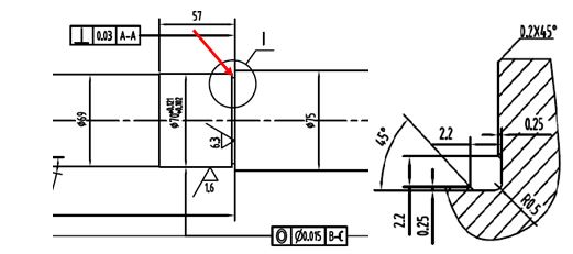 a 驅(qū)動軸斷裂軸處的設(shè)計(jì)圖紙 b 箭頭處放大