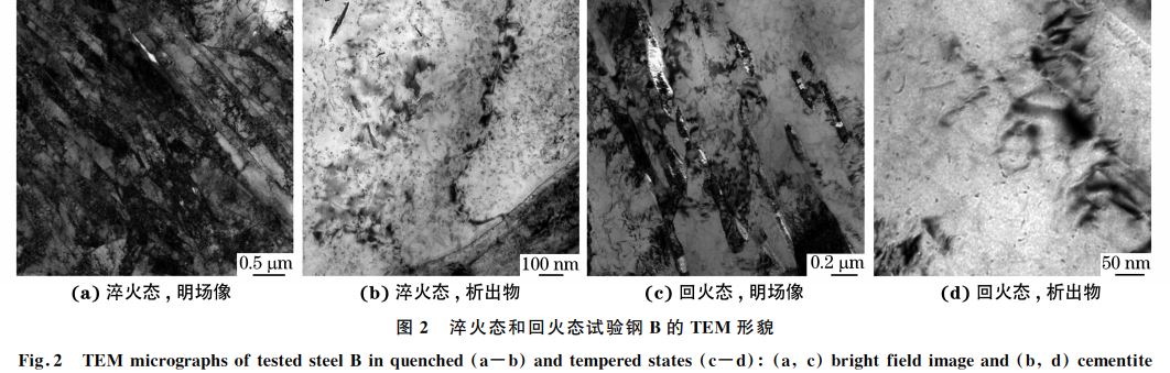 圖２ 淬火態(tài)和回火態(tài)試驗(yàn)鋼 B的 TEM 形貌